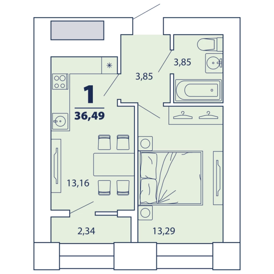 1-ая квартира с просторной гостинной 36,49 м2